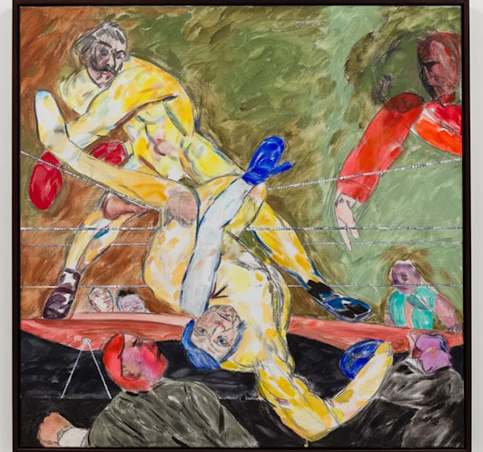 R.B. Kitaj's "Whistler vs. Ruskin: Novella in Terre Verte", depicting an abstracted boxing scene with yellow figures.