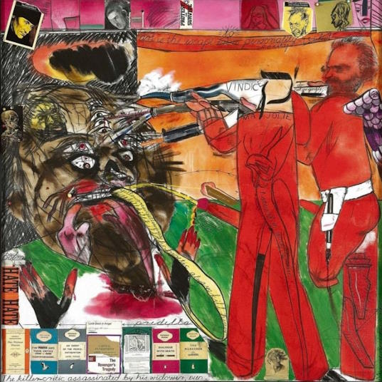 R.B. Kitaj's "The Killer-Critic Assassinated by His Widower (1997)", which has a Basquiat feel.