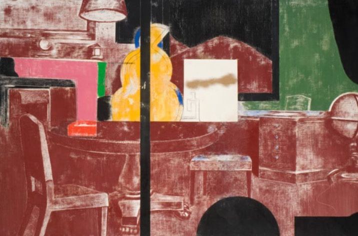 R.B. Kitaj's "Desk Murder", a still life with a dominant crimson color and pencil-collage aesthetic.