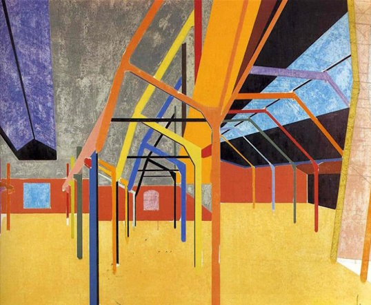 R.B. Kitaj's "The Apotheosis of Groundlessness", depicting a yellow foreground, scaffolding, and rails.