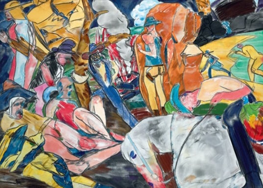 R.B. Kitaj's "Western Bathers (1994)", with Chagall and Matisse-like figuration and colors.
