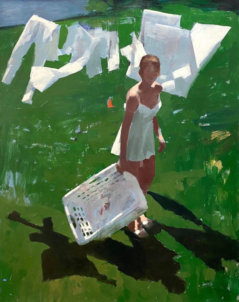 Mark Tennant's "Clothesline" (2018), an oil painting that depicts a woman with a laundry basket as clothes are shaped by the wind, and her faceless face looks at the viewer, dark, sharp shadows all around. This painting is being analyzed by filmmaker and photographer Alex Sheremet for the automachination literary magazine.